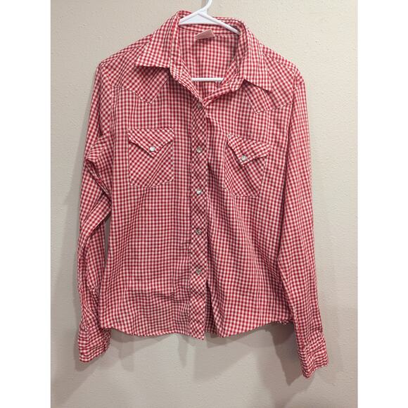 VINTAGE red gingham pearl snap button western style cotton long sleeve shirt, 16 - Picture 1 of 10